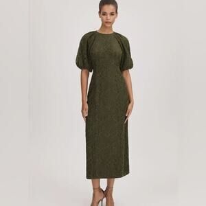 Florere x Reiss Dark Olive Corded Lace Puff Sleeve Midi Dress Elegant Sz 8